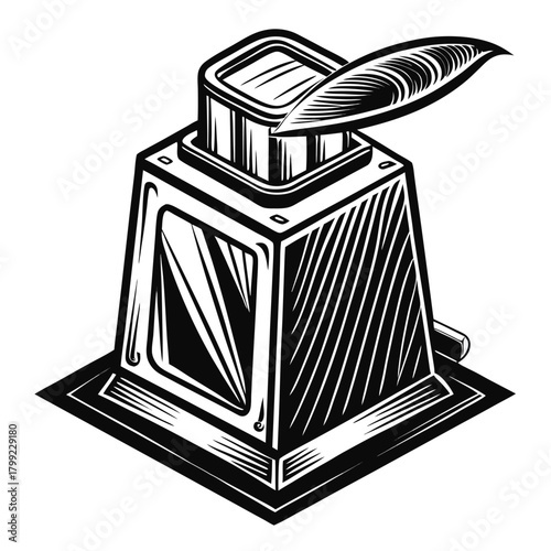 Intricate monochrome art showcases a vintage inkwell with quill and elaborate linear pattern