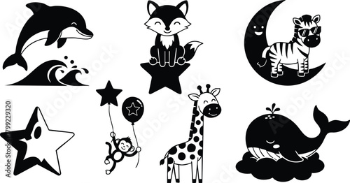 Cute animal silhouettes with dolphin, fox, tiger, giraffe, whale and playful stars vector illustration 