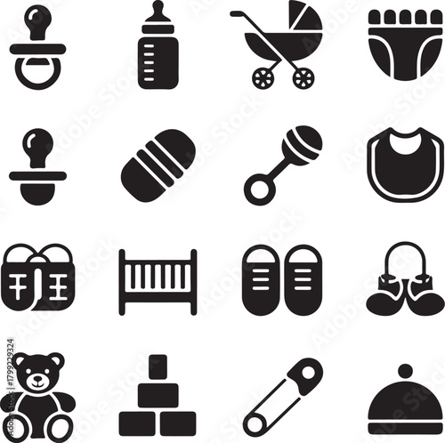 Adorable baby essentials icon set for new parents