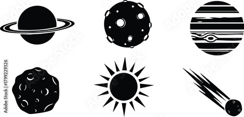 Solar system planets sun asteroids and comet vector illustration in black silhouette style 