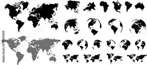 Planet Earth continents vector set. Globe flat silhouette. World map collection.