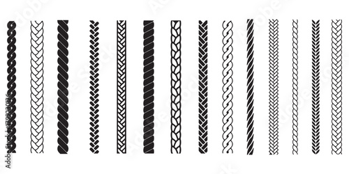 Rope line pattern. Knitted cord from braid. Nautical vintage cable. Stripes with ornaments for decorating designer templates.