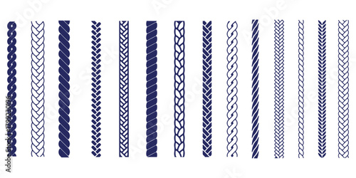 Rope line pattern. Knitted cord from braid. Nautical vintage cable. Stripes with ornaments for decorating designer templates.