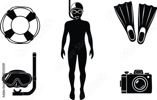 Scuba Diver Silhouette with Snorkel Mask Fins Life Buoy and Camera Vector Illustration for Water Activities and Leisure 
