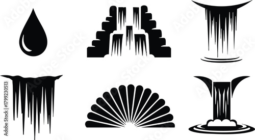 Water drop and cascading waterfall vector icons with black silhouette design for natural flow and liquid representation 