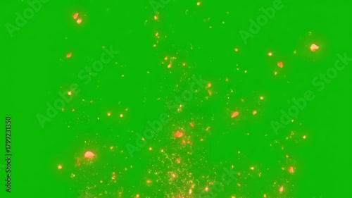 Looping Background Effect with fire particles floating and glowing on green screen seamless motion distortion, overlay, glitch, static noise, scan lines black background, 4k animated video loop