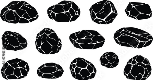Collection of cracked black stones vector illustration with natural texture and irregular shapes for design and decoration purposes 
