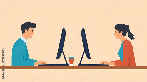 Business two employees working on computers facing each other in an office