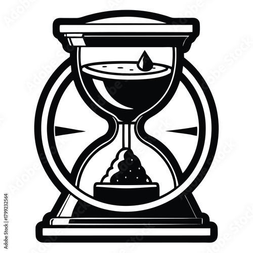 Stylized hourglass shows fluid draining into a small pile in this monochrome artwork