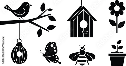 Bird perched on branch with birdhouse, butterfly, bee, and flower vector illustration in black silhouette style 