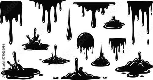 Black dripping liquid and splashes vector illustration with various shapes and sizes for design and decoration purposes 