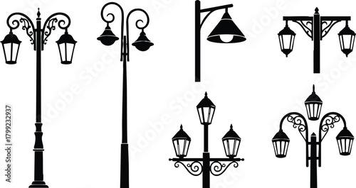 Vintage street lamps vector set with ornate and classic designs for urban decoration and lighting solutions 