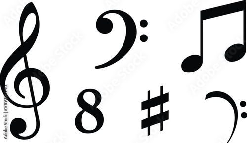 Collection of musical symbols including treble clef bass clef eighth note sharp and common time vector illustration 
