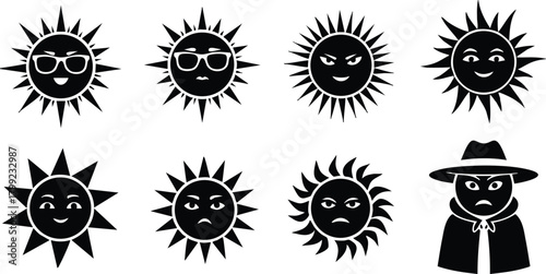 Sun icons with various facial expressions and hat accessory in black silhouette style vector illustration 