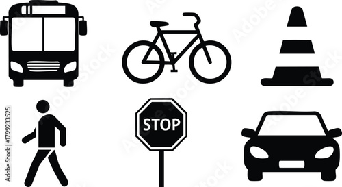 Public transportation and traffic symbols including bus bicycle pedestrian stop sign and car vector icons for urban mobility and safety 