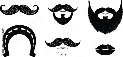 Collection of Black Mustache Beard Styles and Horseshoe Vector Illustration Set 