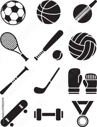 Collection of sports equipment icons in black