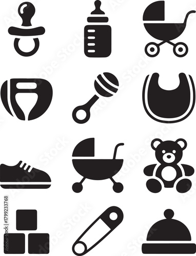 Cute baby essentials icons for newborn designs