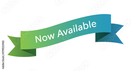 Green and blue ribbon with the text now available isolated on, great for advertising purposes