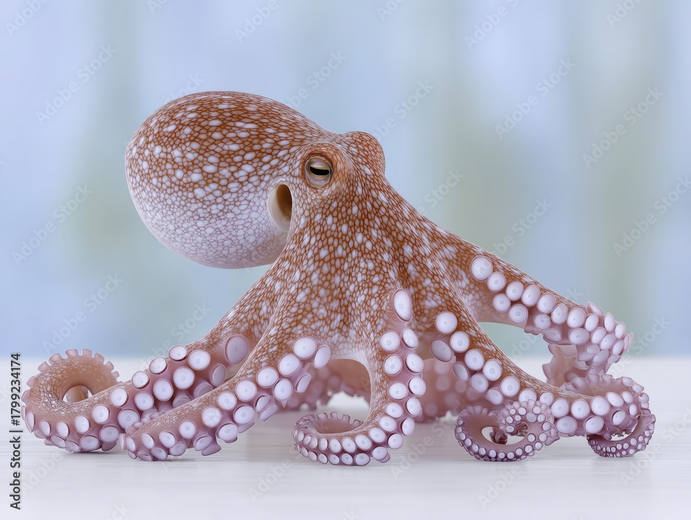 Obraz premium Colorful octopus with intricate patterns and textures, gracefully positioned on a smooth surface, showcasing its unique features and vibrant colors in a serene aquatic environment