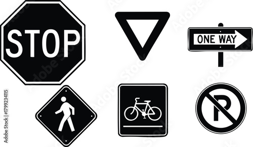 Road traffic signs including stop, yield, pedestrian crossing, bicycle path, one way, and no parking vector illustration in black and white 