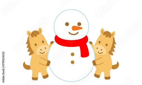 雪だるまを作って楽しむかわいい馬の冬のフラットデザインイラスト