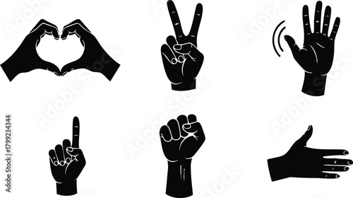 Hand Gestures Silhouettes Vector with Love Peace and Counting Signs in Black Style 