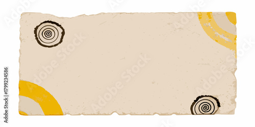 Aged parchment paper with distressed torn edges and decorative abstract spiral and sunburst motifs