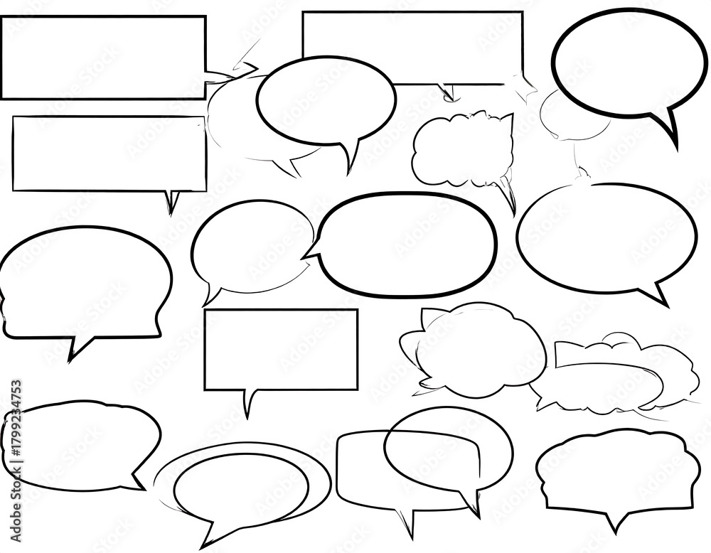 Obraz premium Collection of black outlined speech bubbles with varying shapes and sizes on white background