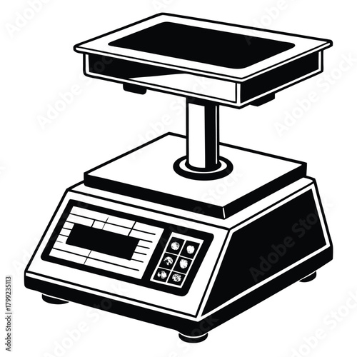 Black and white scale illustration showcases a vintage, balanced design with a display