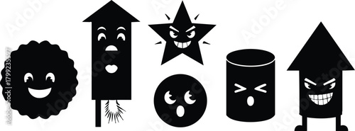 Black Silhouette Firework Characters with Smiling and Angry Faces Vector Illustration for Celebration or Festive Design 