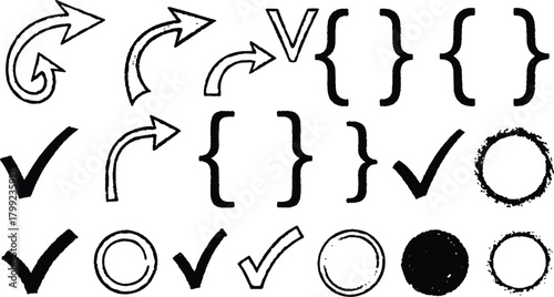 described features a diverse assortment of black and white symbols and shapes organized in rows, each serving distinct purposes and conveying various meanings