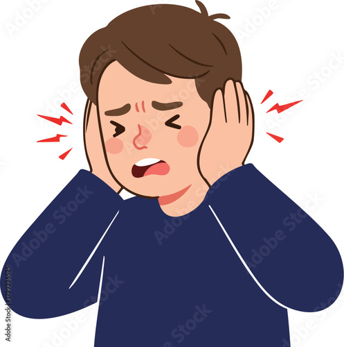 Cartoon illustration of a man covering his ears with a pained expression on a white background.