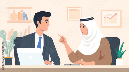 Business  meeting between a man and an arab woman in office