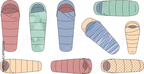 Colorful Sleeping Bags Set in Various Shapes and Colors for Camping