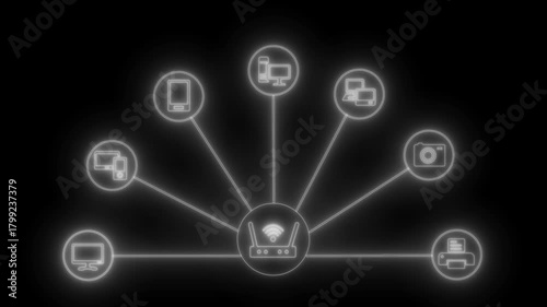 Glowing Network Diagram with Connected Devices Animation