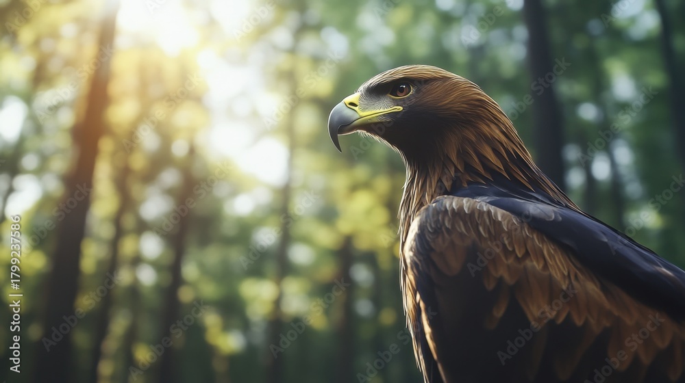 Fototapeta premium Majestic Golden Eagle in Forest Setting Captured with Natural Sunlight and Lush Green Background