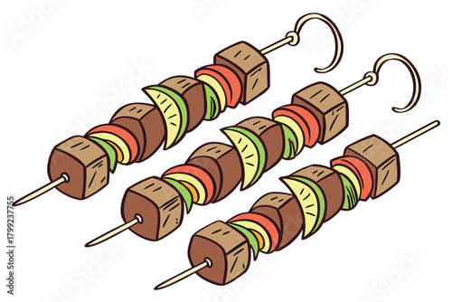 Three delicious skewers filled with beef cubes and colorful vegetables are ready to enjoy