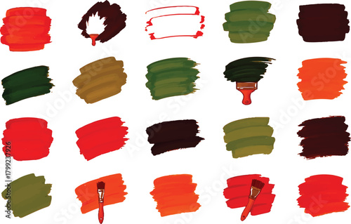  described features a vibrant and visually engaging collection of twenty colorful paint swatches alongside two paint brushes, arranged in a structured format of five rows