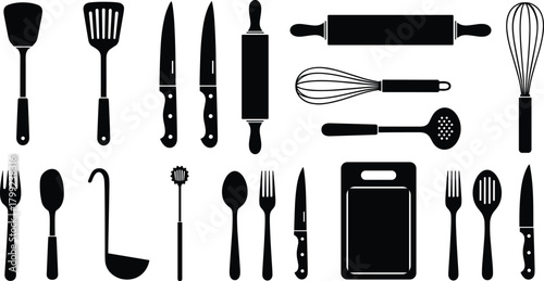 WebIllustration of a collection of essential kitchen tools isolated on, including spatulas, knives, rolling pins, whisks, ladles, spoons, forks, and a cutting board