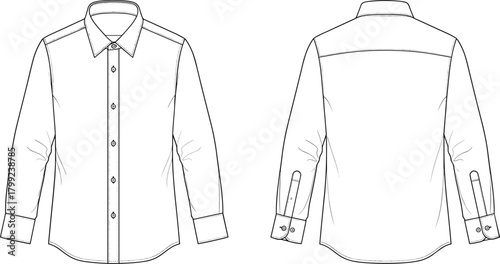 Illustration of front and back view of a longsleeved shirt isolated on technical drawing of a classic buttondown shirt for fashion design and garment creation