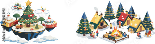 Festive christmas scene featuring floating islands with decorated trees and a cozy winter village gathering