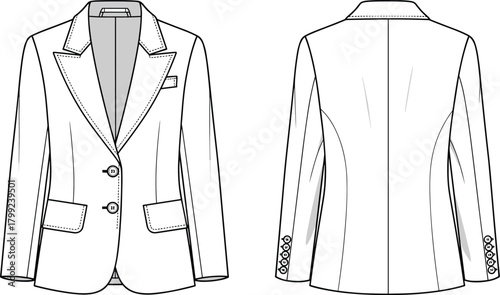 Illustration of front and back technical drawing of a womens blazer, showcasing its design details, including the lapel, button closure, pockets, and overall silhouette isolated on