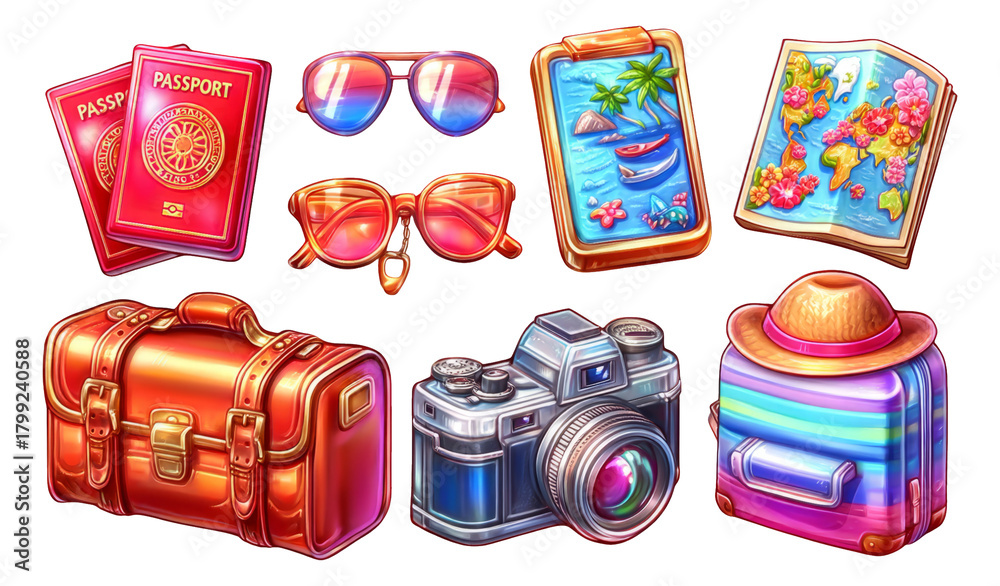 Obraz premium Travel Essentials Collection with Luggage, Sunglasses, Camera, and Map Illustration