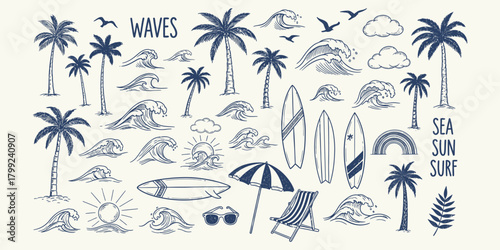 Collection of hand drawn tropical beach elements including palm trees waves surfboards umbrellas and sun for summer vacation design