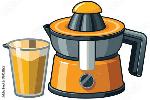 Electric citrus juicer sits beside a glass filled with fresh orange juice