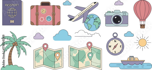 Travel and Adventure Icons Set with Passport Suitcase Airplane Globe Camera Hot Air Balloon Palm Tree Maps Compass Boat