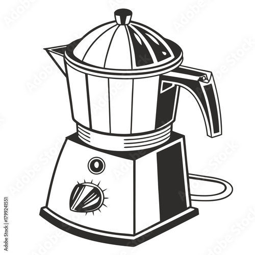 A vintage stovetop espresso maker shines in a detailed monochromatic black and white drawing
