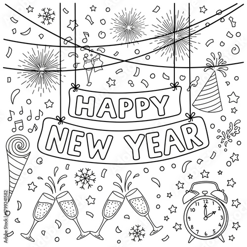 Happy New Year Celebration Doodle: Coloring Page with Champagne Toast, Fireworks, and Midnight Clock