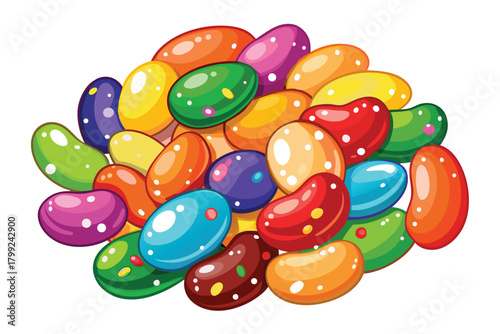 A colorful pile of glossy bean shaped candies offers a variety of delicious flavors and appeal